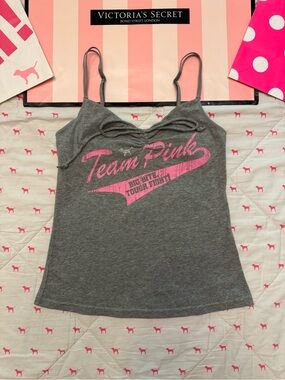 VS PINK VINTAGE Y2K CAMI TANK TOP GRAY “TEAM PINK” BLING DOG PUP LOGO HTF NWOT M